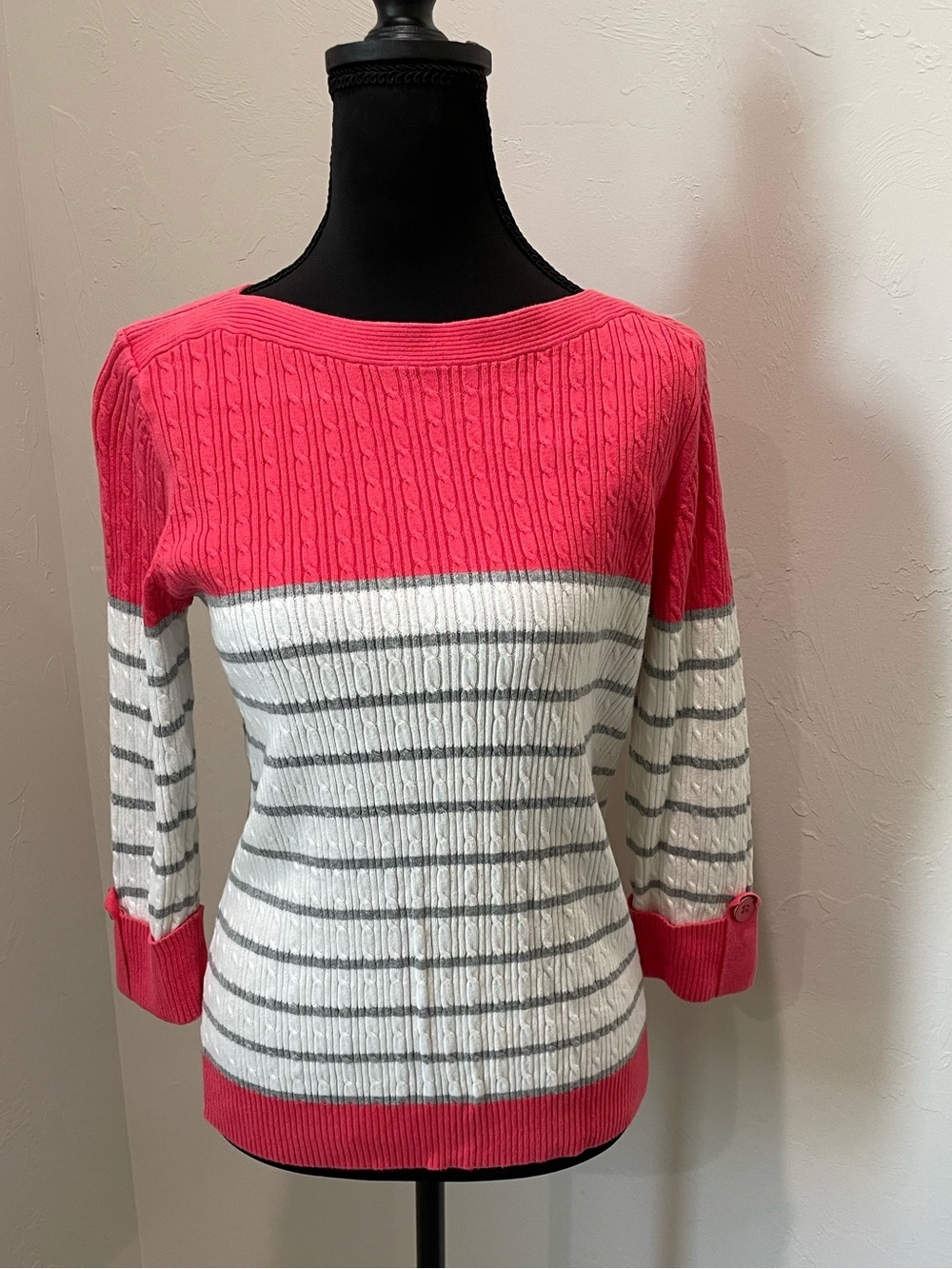 Karen Scott Pink and White Striped Cable-Knit Scoop Neck Sweater